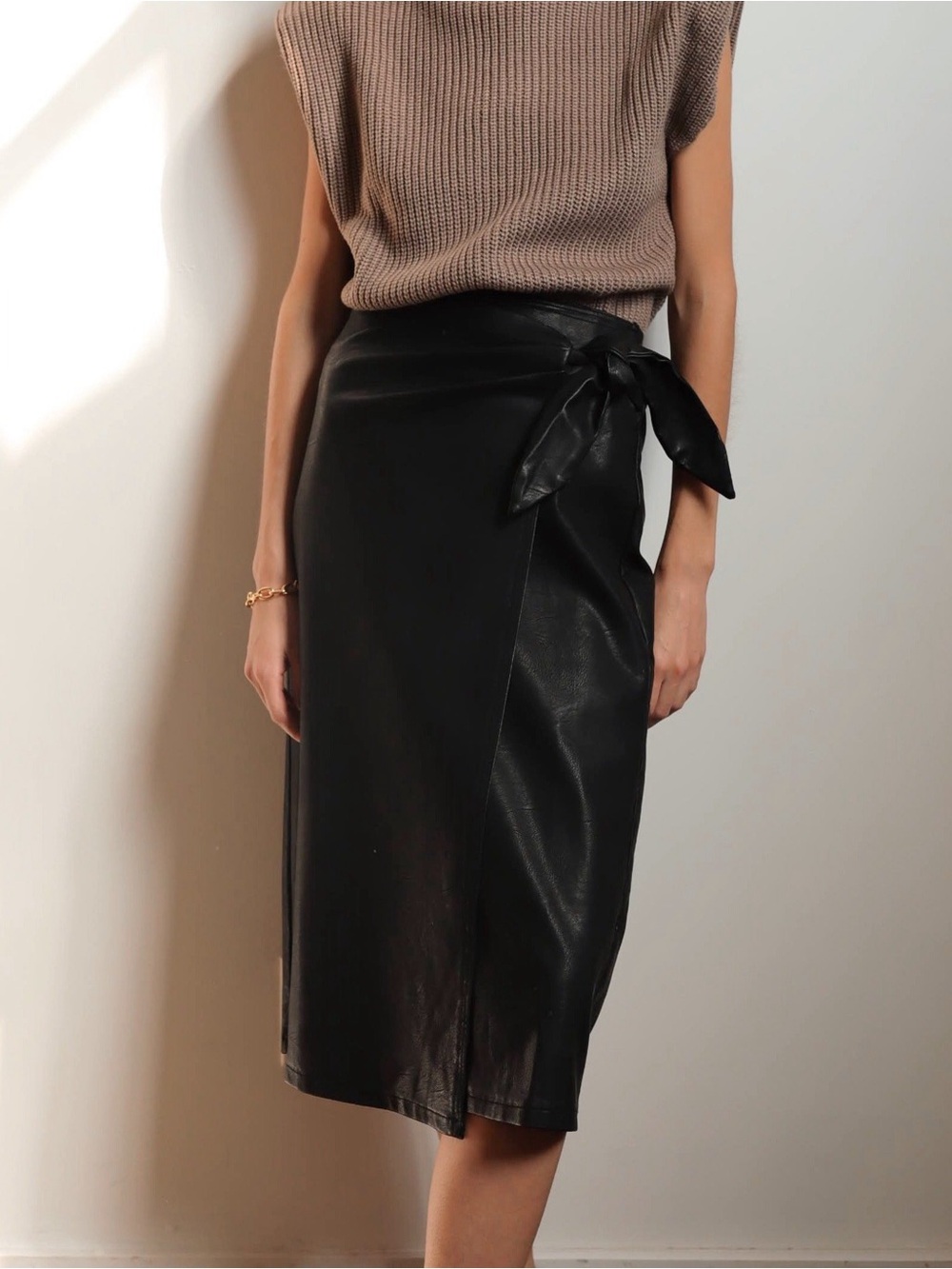 FRNCH Paris Vegan Leather MIDI Wrap Skirt Black Side Tie Medium